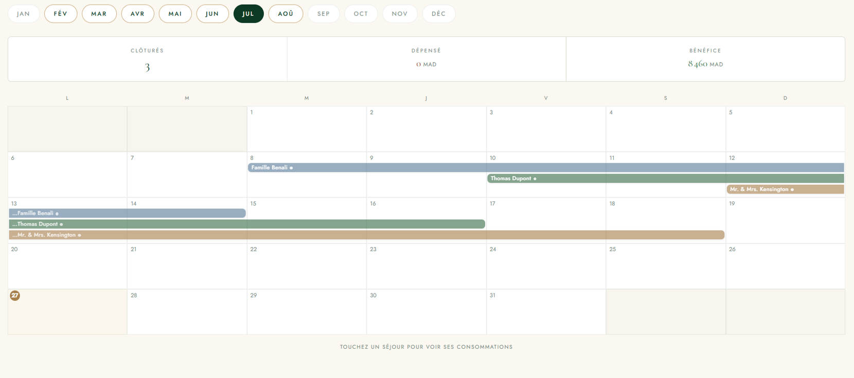 Le calendrier des séjours du mois dans le tableau de bord.