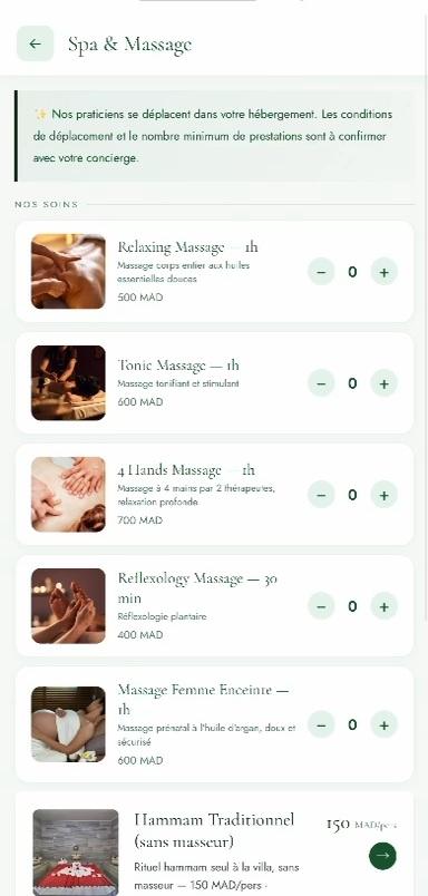 L'écran Spa & massage de l'application : les soins, leur durée et leur prix.