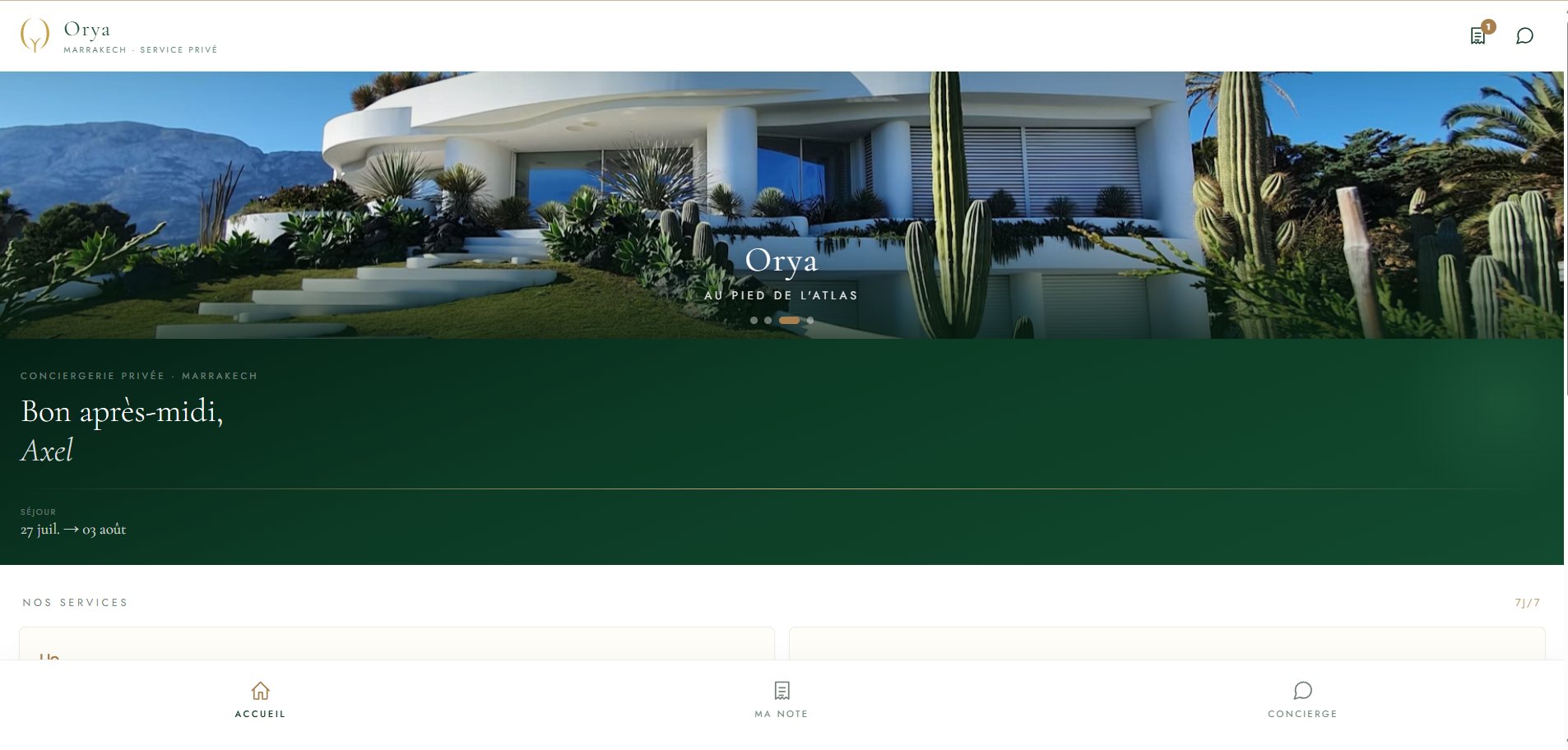 Écran d'accueil de l'application hôte Orya, personnalisé au nom de la villa