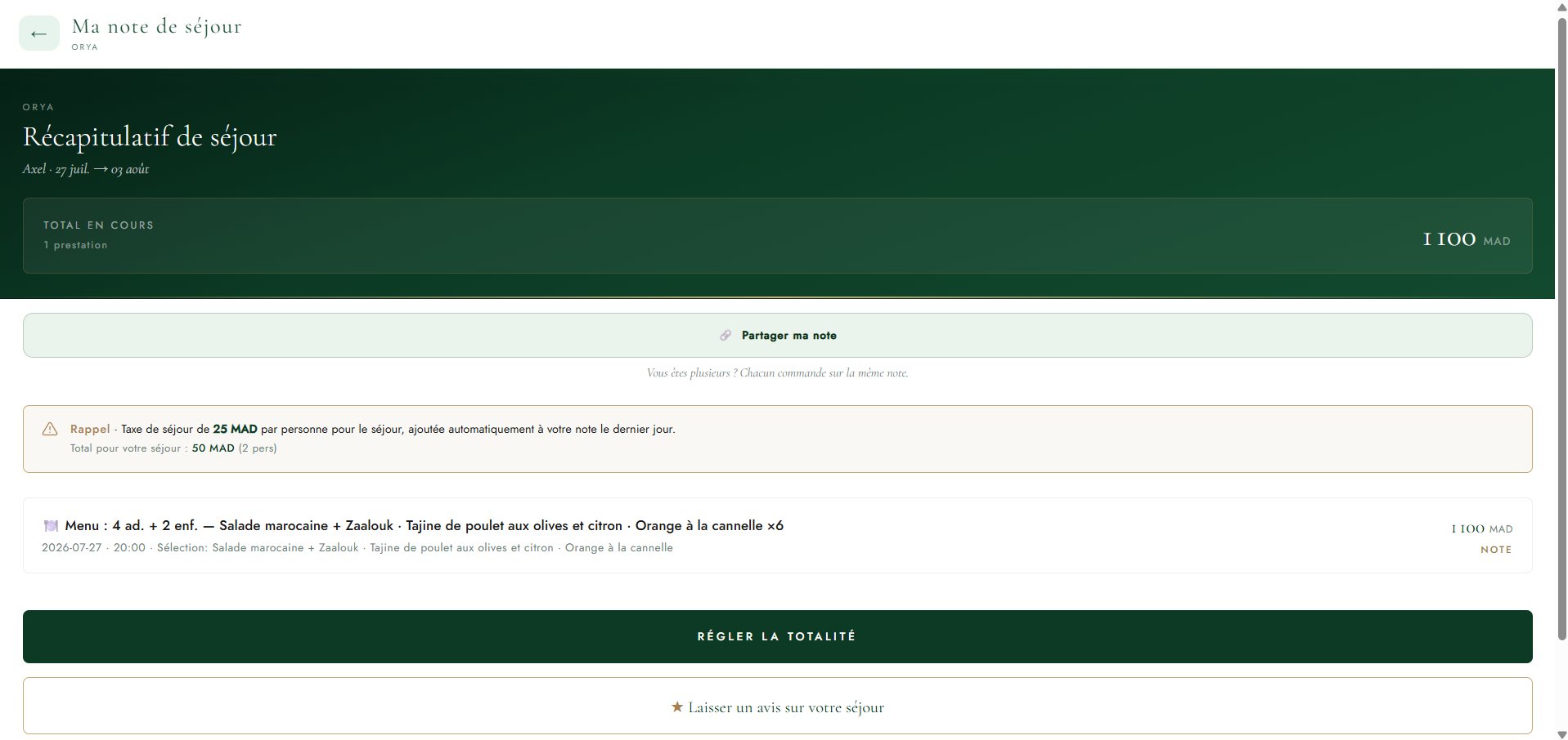 Récapitulatif de la note de séjour dans l'application hôte Orya