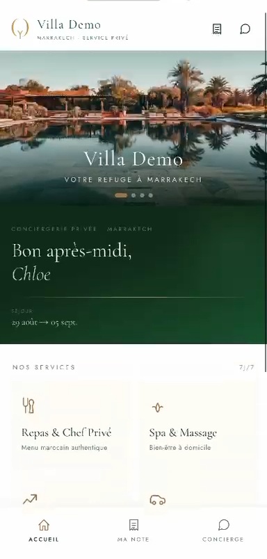 Écran d'accueil de l'application Orya, aux couleurs de l'établissement, avec le message de bienvenue au nom du voyageur