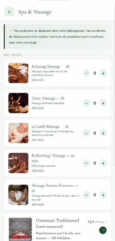 Catalogue spa et massages dans l'application Orya, avec les durées et les tarifs de l'établissement