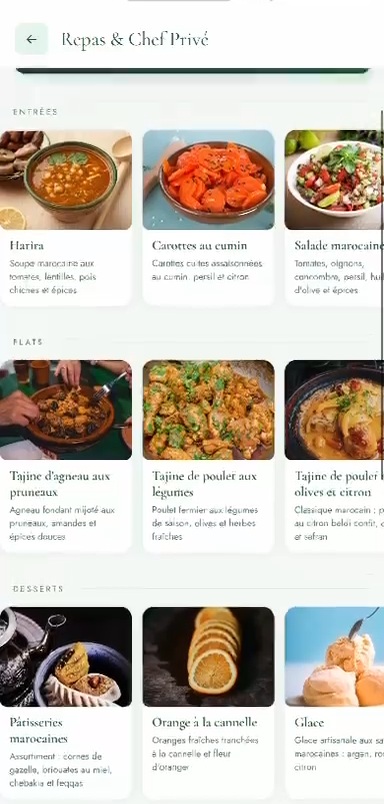 Carte du chef privé dans l'application Orya : entrées, plats et desserts en photos